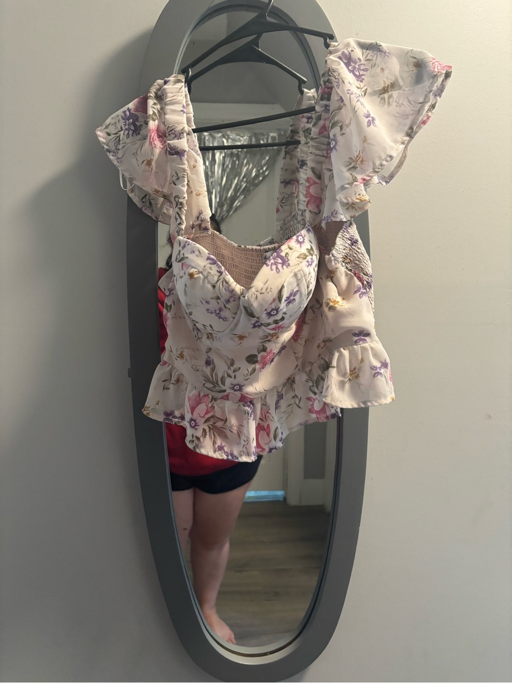 white birch Floral Ruffle Bustier Top - Cream with Pink & Purple Flowers